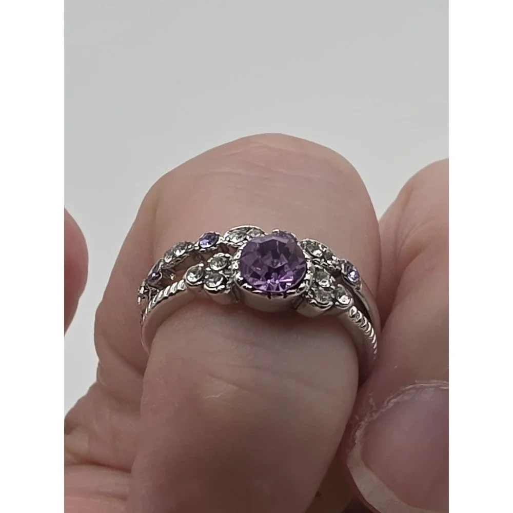 Violet Purple Rhinestone Silvertone 2 Ring Set Size 7
